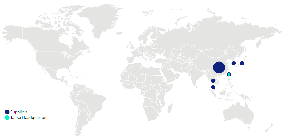 This is the world map showing ASUS' Taipei Headquarters and suppliers in other countries. For further explanation, please read the table below.